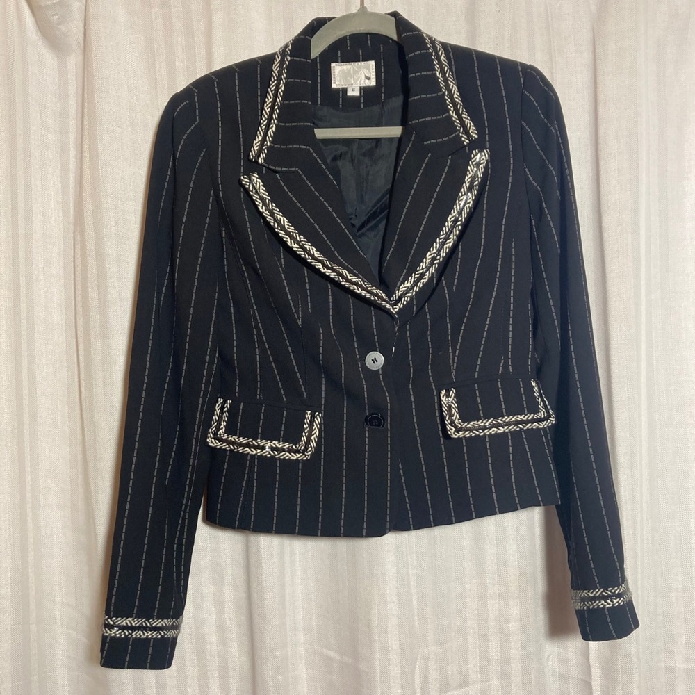 Alberto Makali Pinstripe Blazer Black White Braided Trim Jacket 6 USA Y2K Office